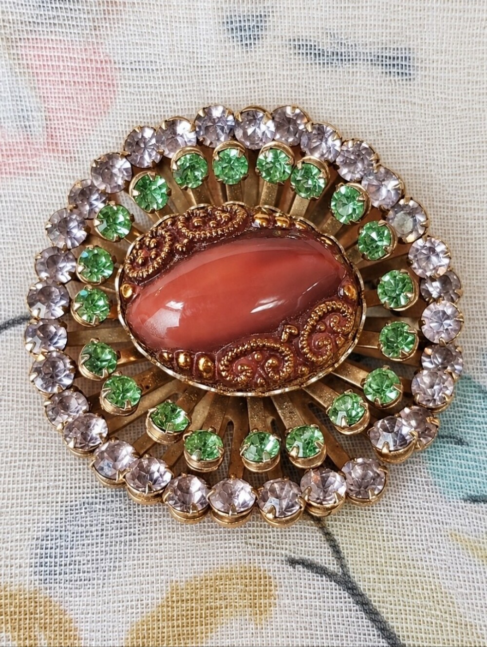 Extreme Riveted Back Vintage Prong Set Brooch Curved Lucite Rhinestones